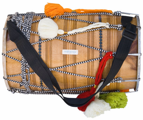 MAHARAJA MUSICALS Dhol Drum, Professional, Kachha Pakka Shesham Wood, Natural, Padded Bag, Beaters, Nylon Shoulder Strap, Punjabi Bhangra Dhol Instrument (SM-DCE)